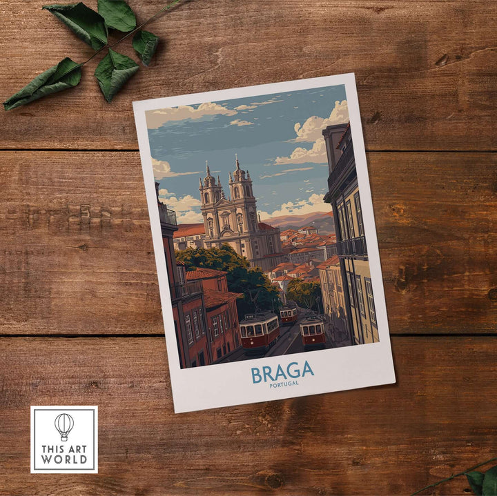 Braga Portugal Trams and Basilica Art Print | Historic City Poster showcasing Braga's iconic architecture and trams.