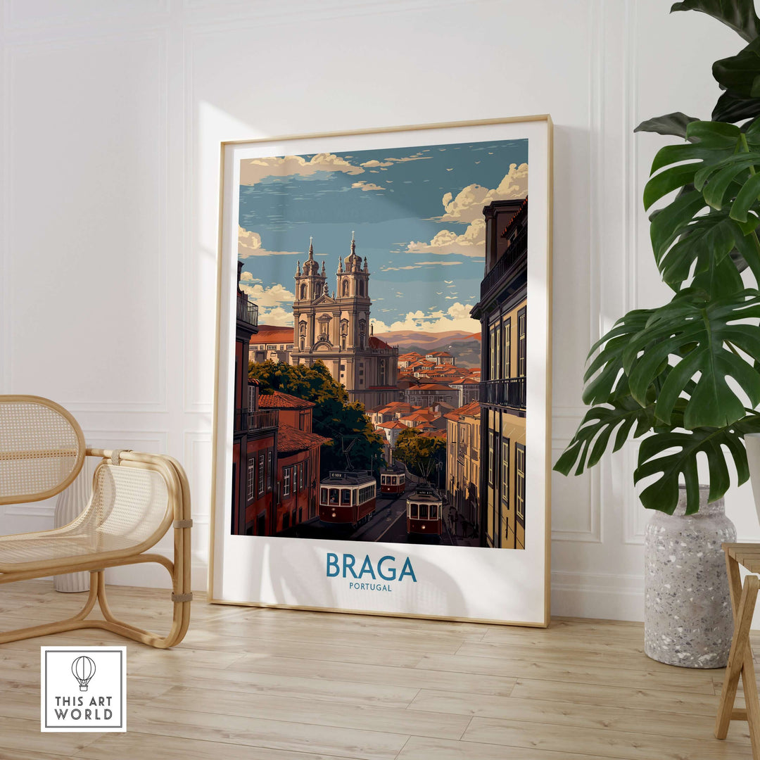 Braga Portugal Trams and Basilica Art Print | Historic City Poster displayed in a modern interior setting.