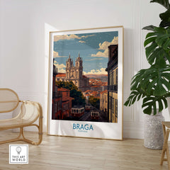 Braga Portugal Trams and Basilica Art Print | Historic City Poster showcased in a stylish interior setting.