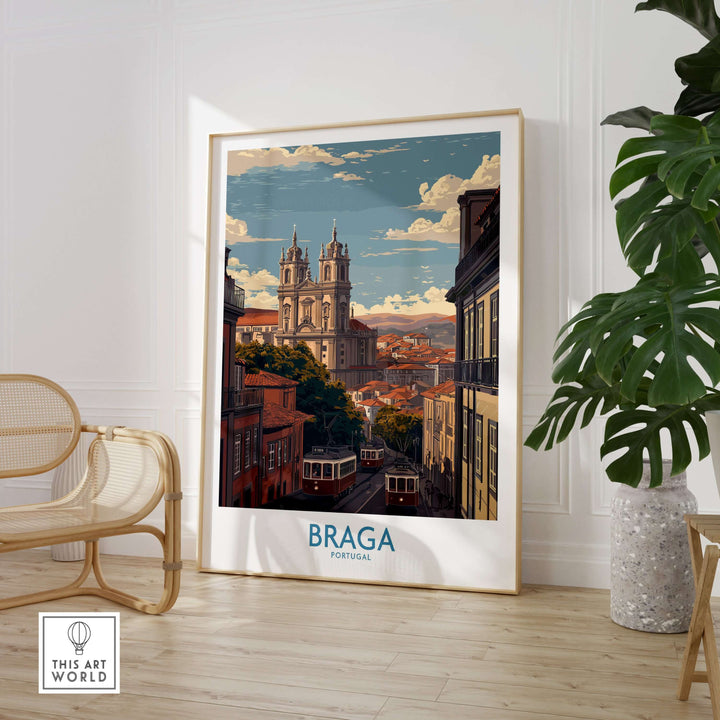 Braga Portugal Trams and Basilica Art Print | Historic City Poster displayed in a modern interior setting.