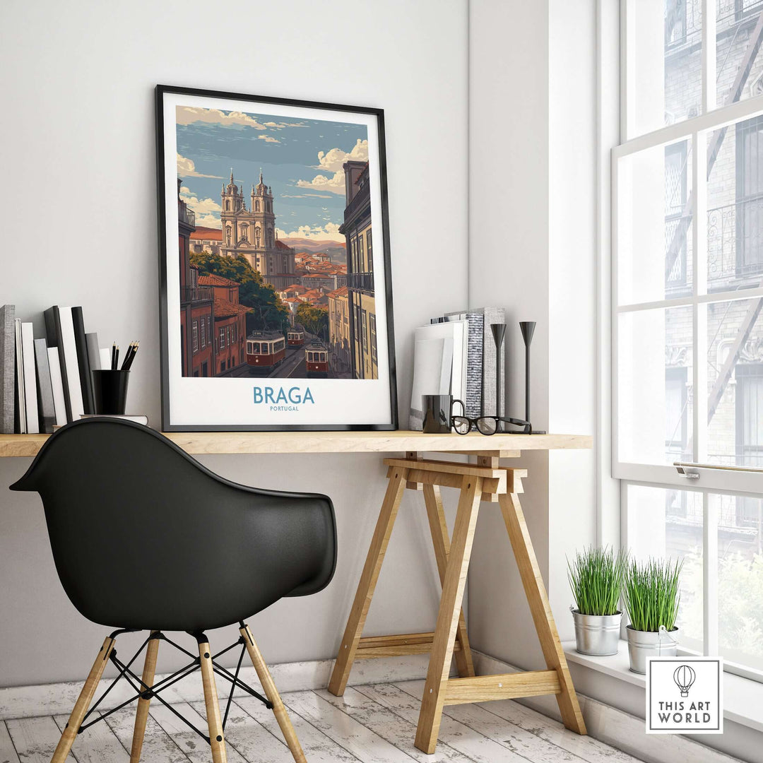 Braga Portugal Trams and Basilica Art Print | Historic City Poster displayed in a modern interior setting.