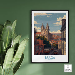 Braga Portugal Trams and Basilica Art Print | Historic City Poster featuring iconic architecture and trams.