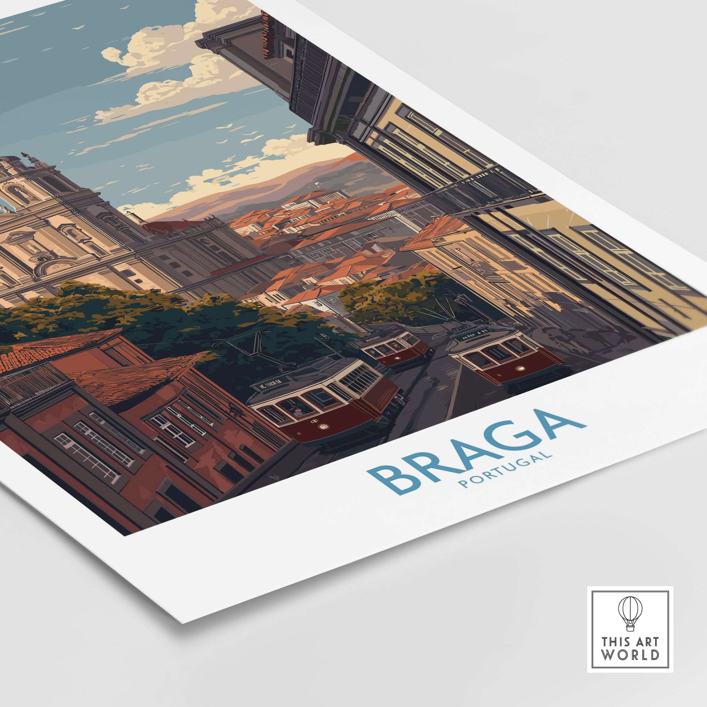 Braga Portugal Trams and Basilica Art Print | Historic City Poster showcasing iconic trams and beautiful architecture.