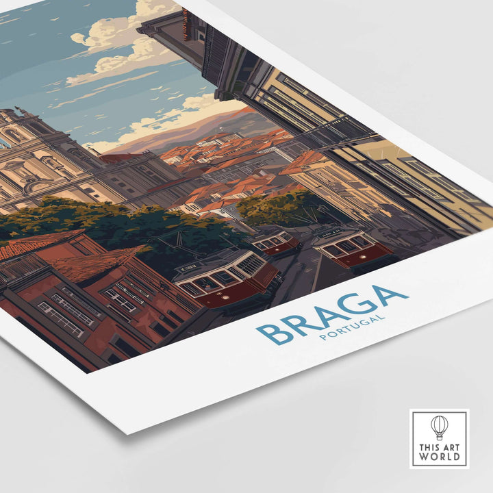 Braga Portugal Trams and Basilica Art Print | Historic City Poster showcasing iconic trams and architecture.