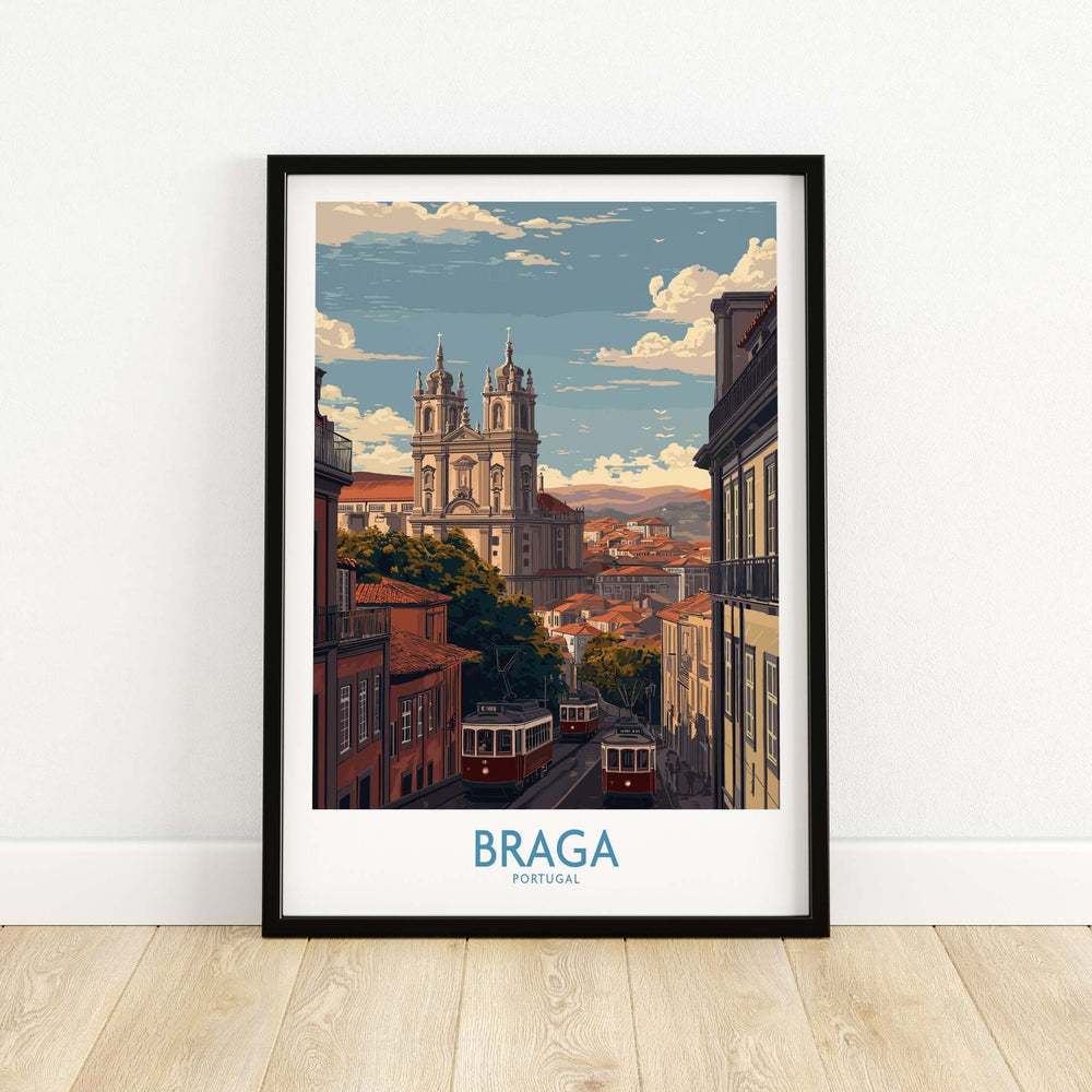 Braga Portugal Trams and Basilica Art Print | Historic City Poster showcasing iconic trams and basilica.