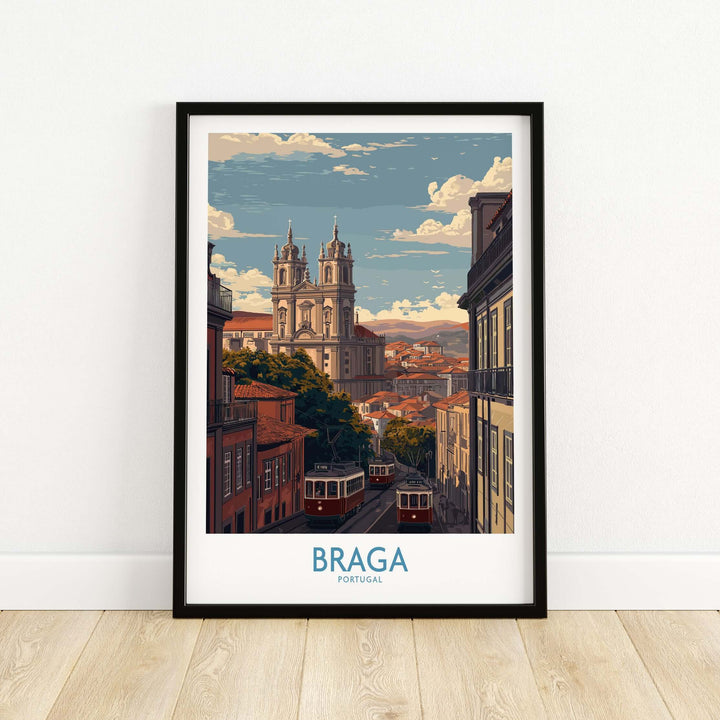Braga Portugal Trams and Basilica Art Print | Historic City Poster showcasing iconic trams and basilica.