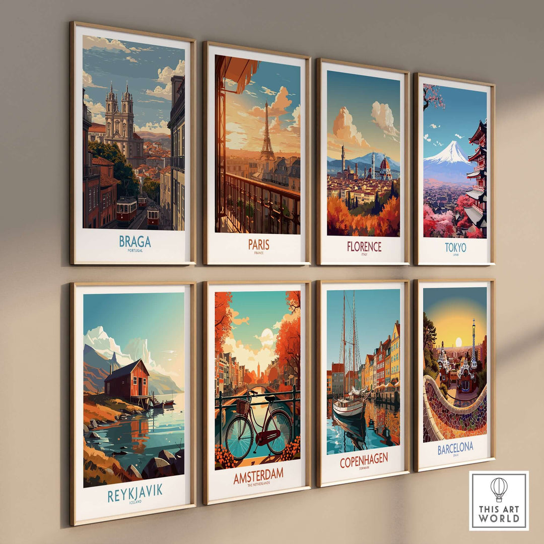 Braga Portugal Trams and Basilica Art Print | Historic City Poster displayed among other city art prints on a wall.