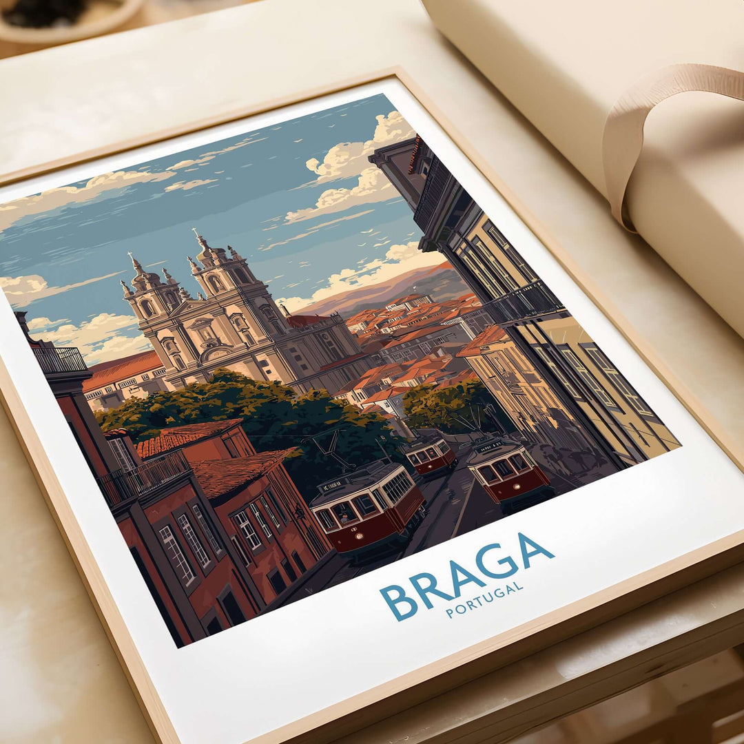 Braga Portugal Trams and Basilica Art Print | Historic City Poster showcasing iconic architecture and trams.