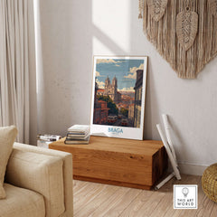 Braga Portugal Trams and Basilica Art Print | Historic City Poster displayed in a cozy living room setting.