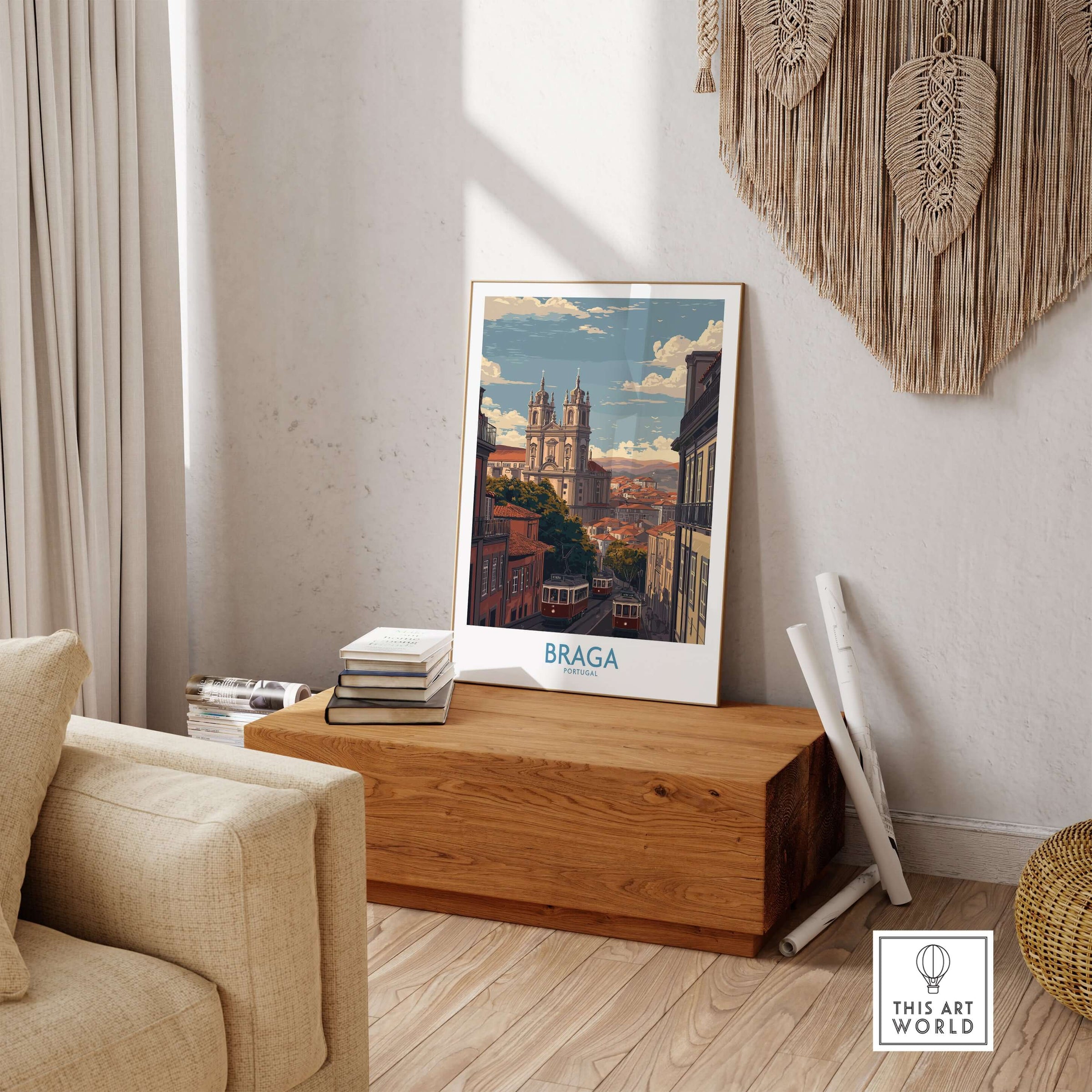 Braga Portugal Trams and Basilica Art Print | Historic City Poster displayed in a cozy living room setting.