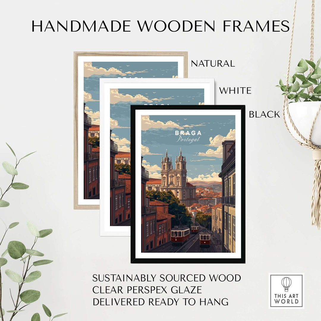 Braga Print | Portuguese Travel Wall Art displayed in handmade wooden frames: natural, white, and black.