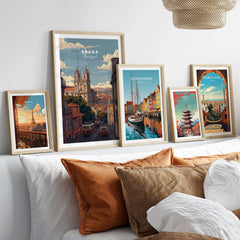 Braga Print | Portuguese Travel Wall Art displayed along with other travel-themed prints on a stylish living room wall.