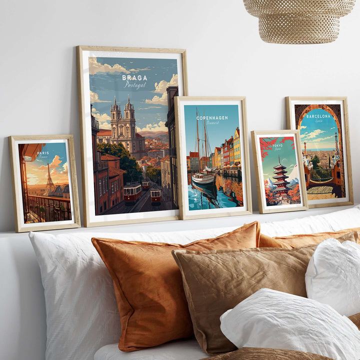 Braga Print | Portuguese Travel Wall Art displayed in a modern living room setting with other travel prints.