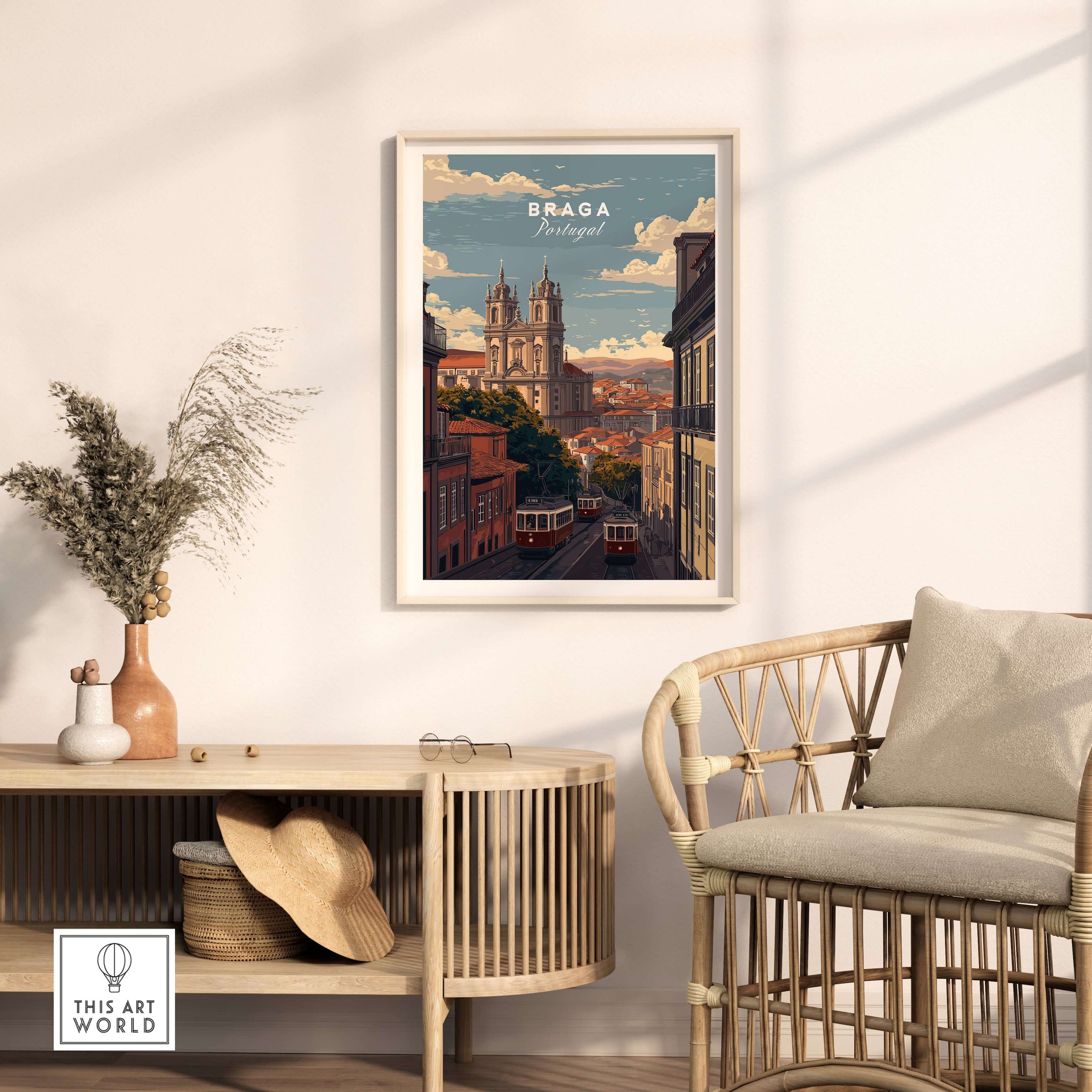 Braga Print | Portuguese Travel Wall Art displayed in a modern living room with a cozy chair and decor.