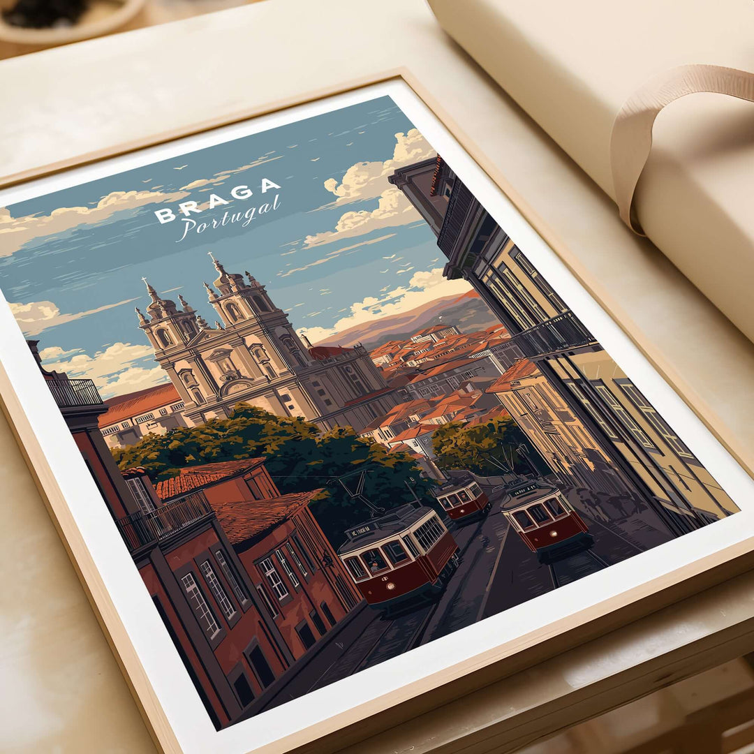 Braga Print | Portuguese Travel Wall Art featuring a scenic view of Braga, Portugal with historic architecture and trams.