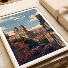 Braga Print | Portuguese Travel Wall Art featuring a scenic view of Braga, Portugal with historic architecture and trams.