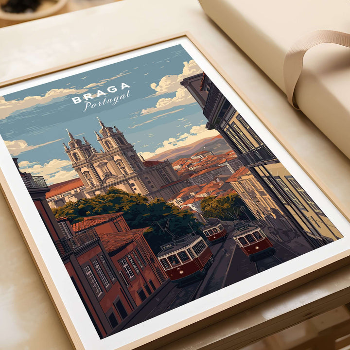 Braga Print | Portuguese Travel Wall Art featuring a scenic view of Braga, Portugal with historic architecture and trams.