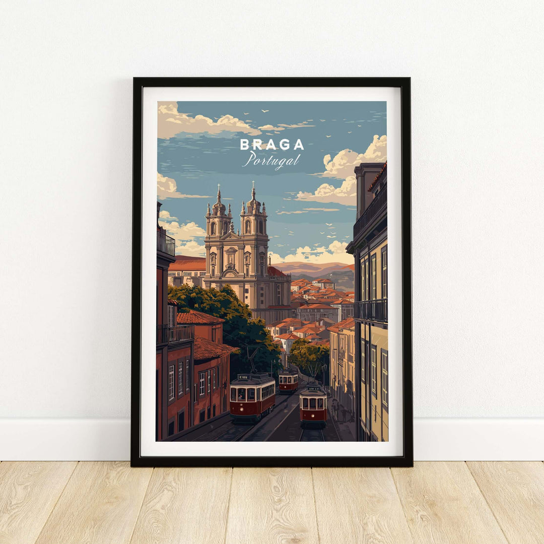 Braga Print | Portuguese Travel Wall Art featuring a scenic view of Braga, Portugal with vintage trams.