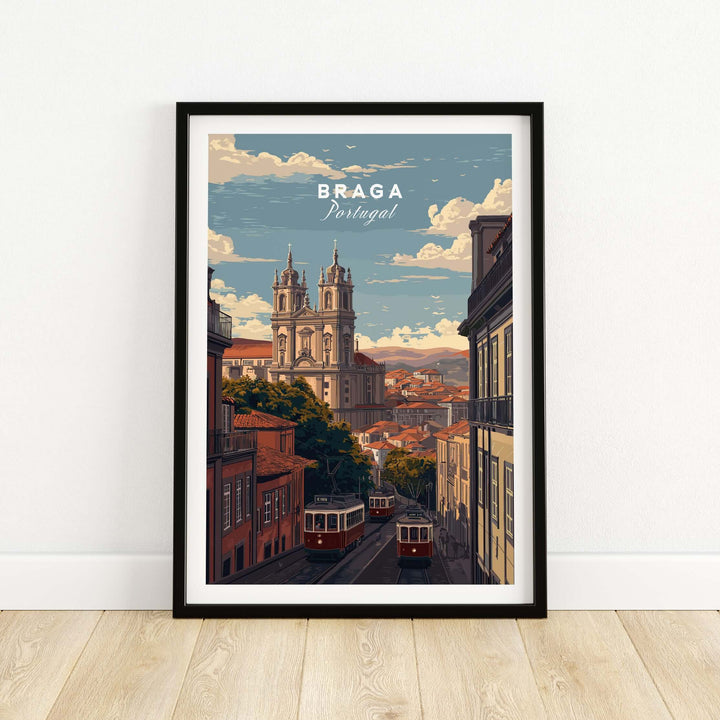 Braga Print | Portuguese Travel Wall Art featuring a scenic view of Braga, Portugal with vintage trams.