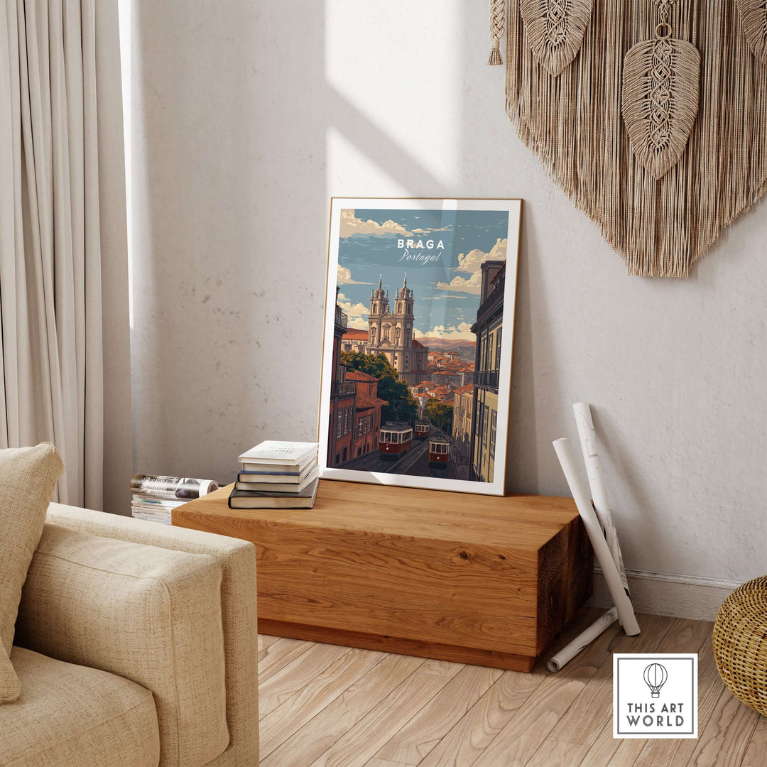 Braga Print | Portuguese Travel Wall Art displayed in a cozy living room setting with wooden decor.