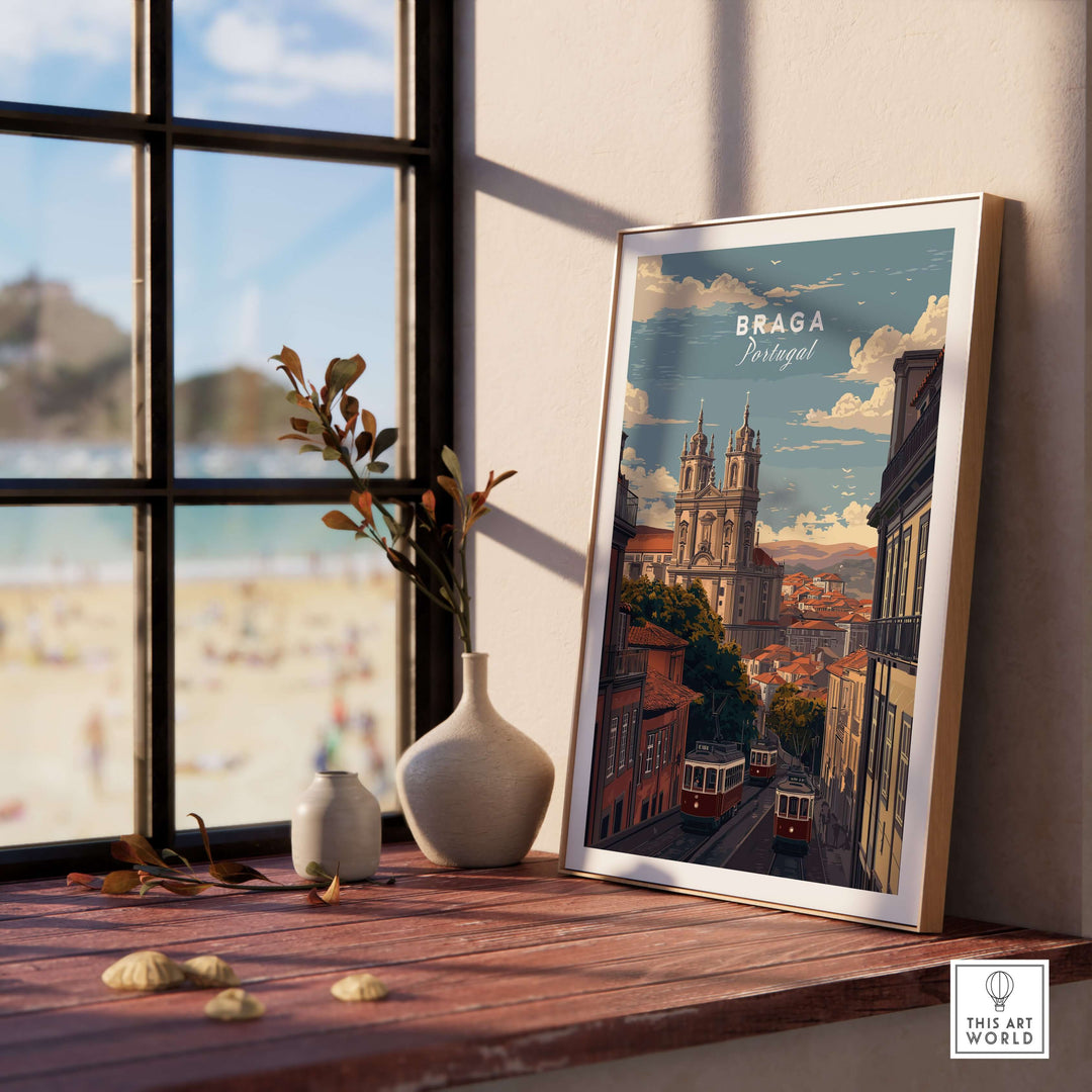 Braga Print | Portuguese Travel Wall Art showcasing Braga's historic architecture near the beach.