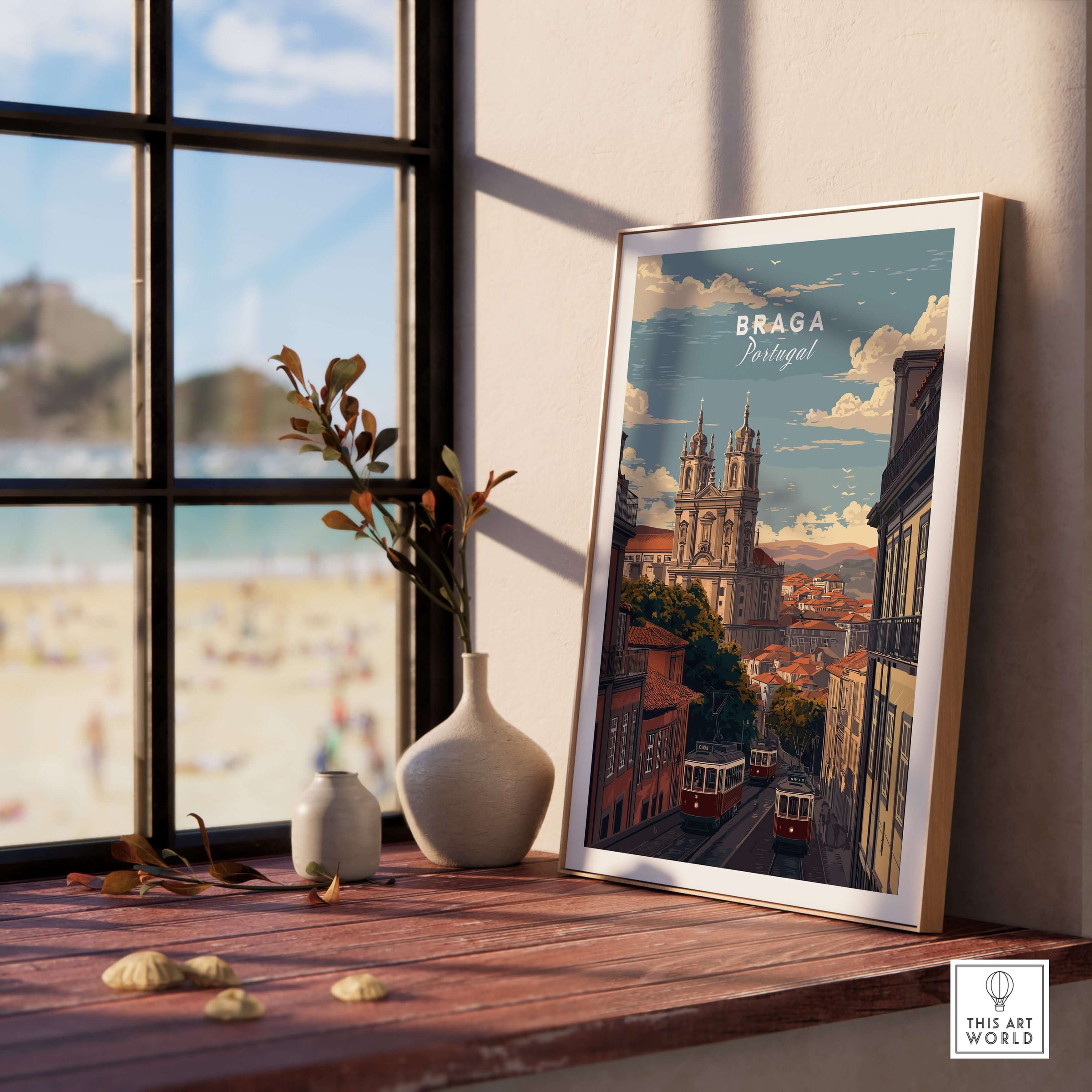 Braga Print | Portuguese Travel Wall Art displayed in a sunny room, highlighting the beauty of Braga, Portugal.