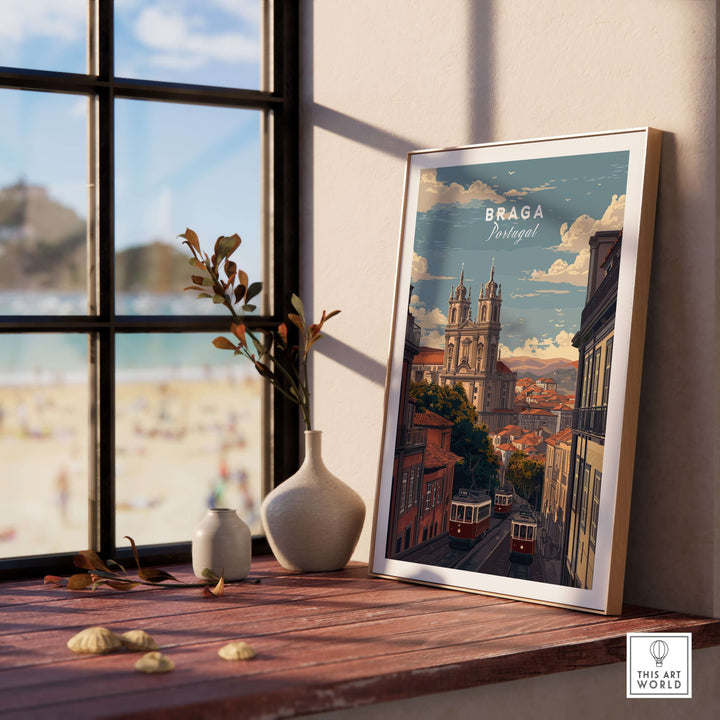 Braga Print | Portuguese Travel Wall Art showcasing Braga's historic architecture near the beach.