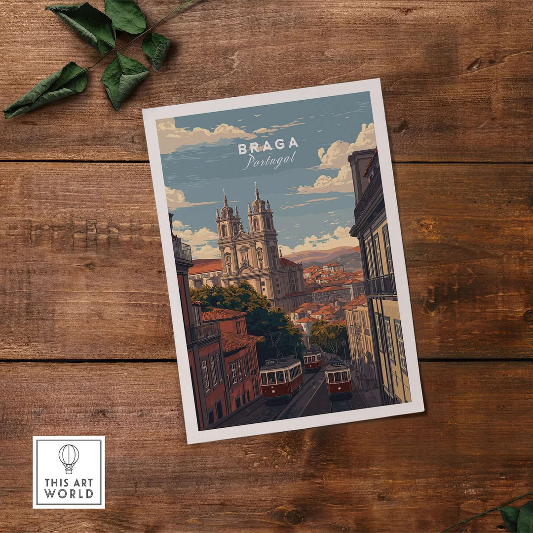Braga Print | Portuguese Travel Wall Art showcasing the scenic view of Braga, Portugal with historic architecture.