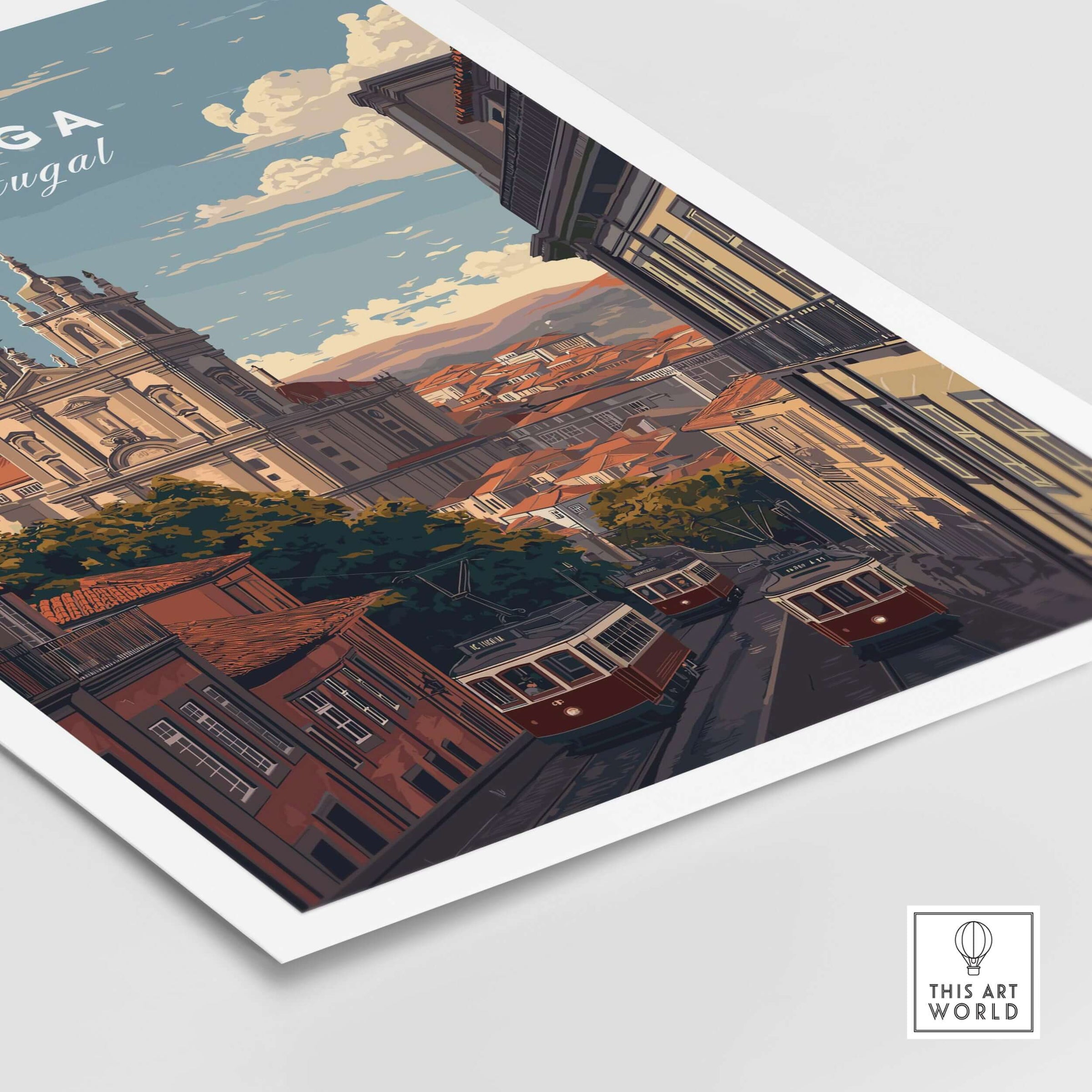 Braga Print | Portuguese Travel Wall Art showcasing a scenic view of Braga, Portugal with historic architecture and trams.