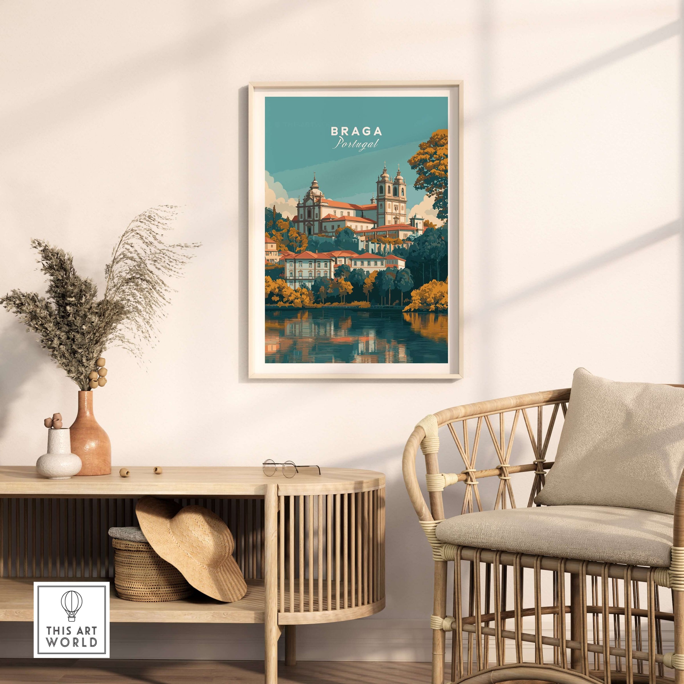 Braga Print | Portuguese Wall Decor showcased in a stylish living space with reflection in water.