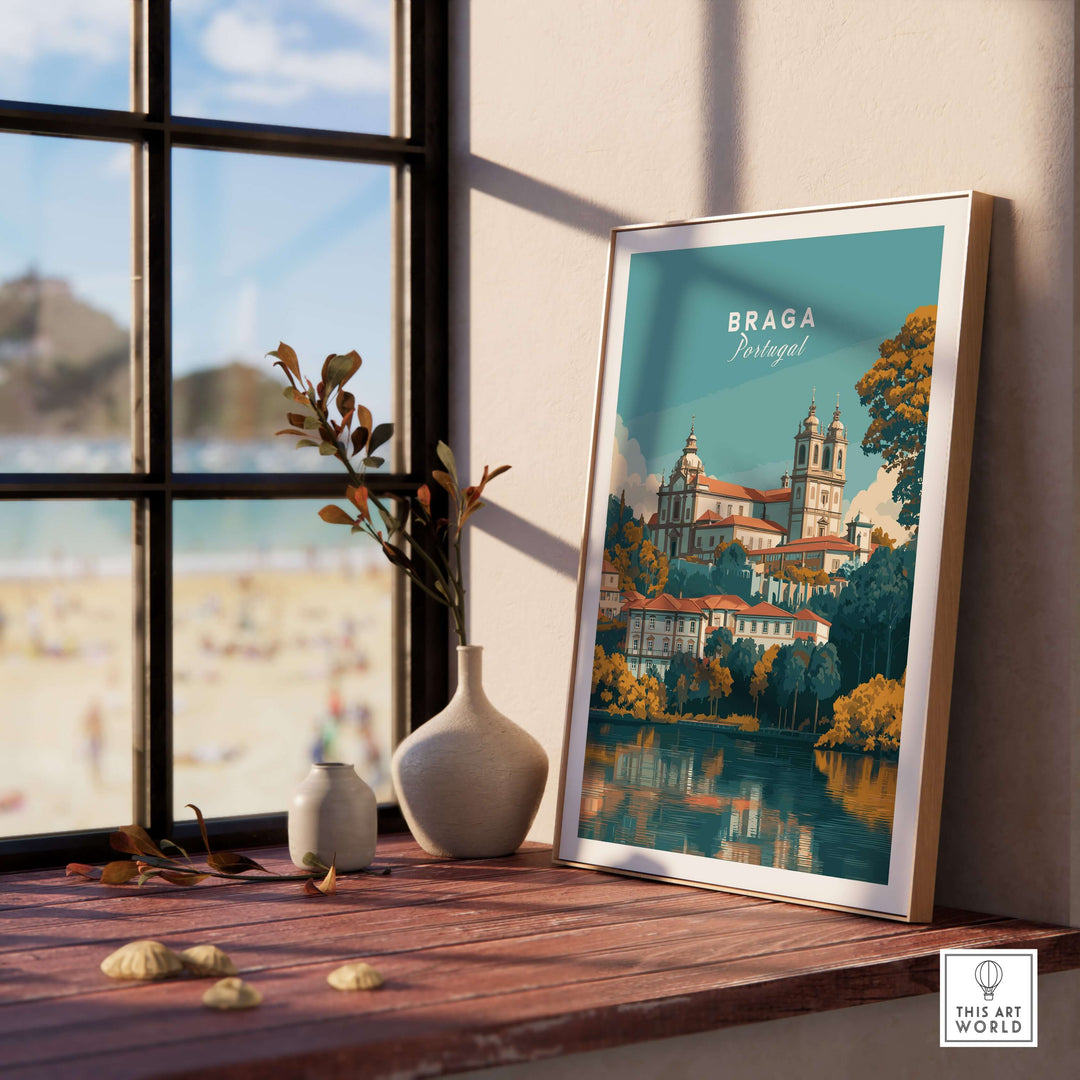 Braga Print | Portuguese Wall Decor displayed in a bright room with a seaside view.