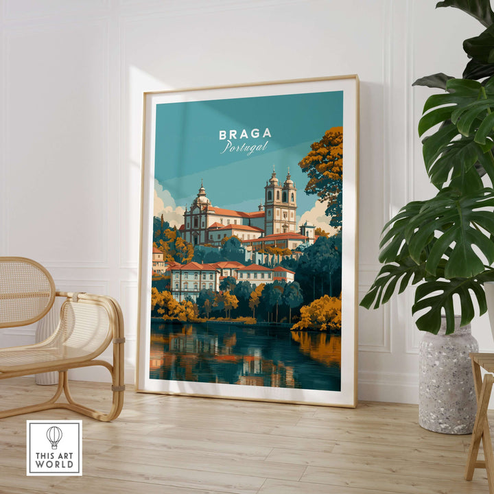 Braga Print | Portuguese Wall Decor showcasing a vibrant landscape of Braga, Portugal in a stylish living room.
