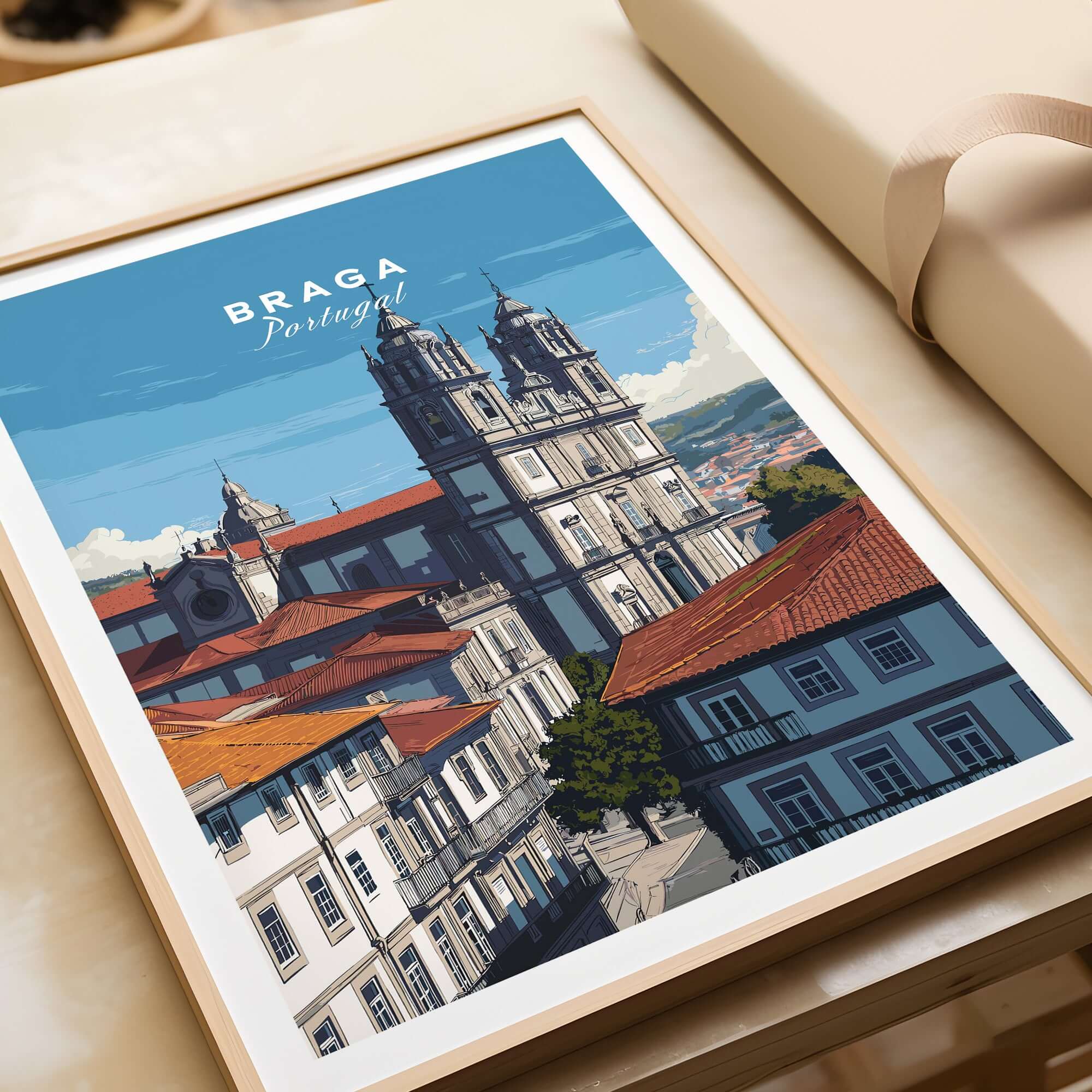 Braga Print | Portuguese Wall Decor featuring a colorful illustration of Braga, Portugal with historical buildings.