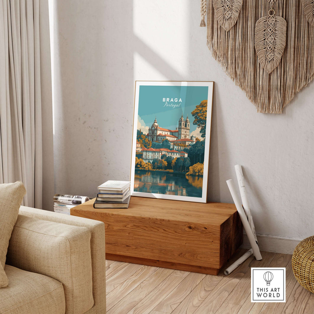 Braga Print | Portuguese Wall Decor displayed in a stylish living room setting with a wooden shelf.