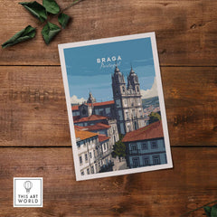 Braga Print | Portuguese Wall Decor featuring a vibrant illustration of Braga, Portugal set against a wooden background.
