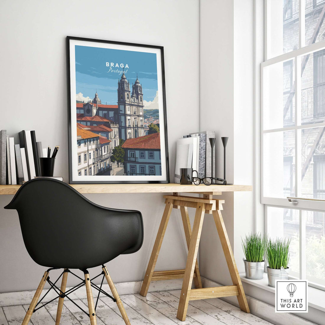 Braga Print | Portuguese Wall Decor displayed in a modern workspace with stylish decor elements.