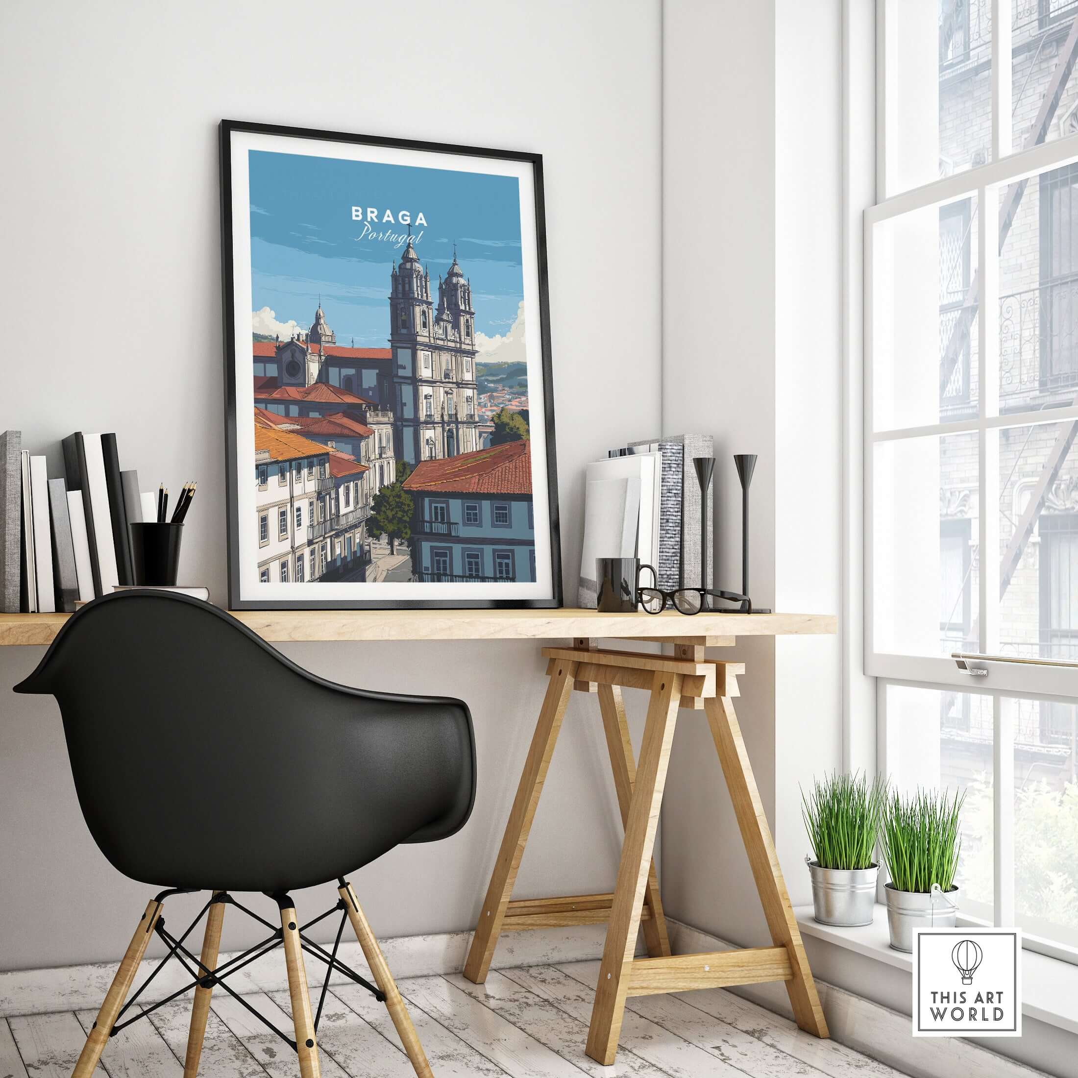 Braga Print | Portuguese Wall Decor showcased in a stylish home office with a modern aesthetic.