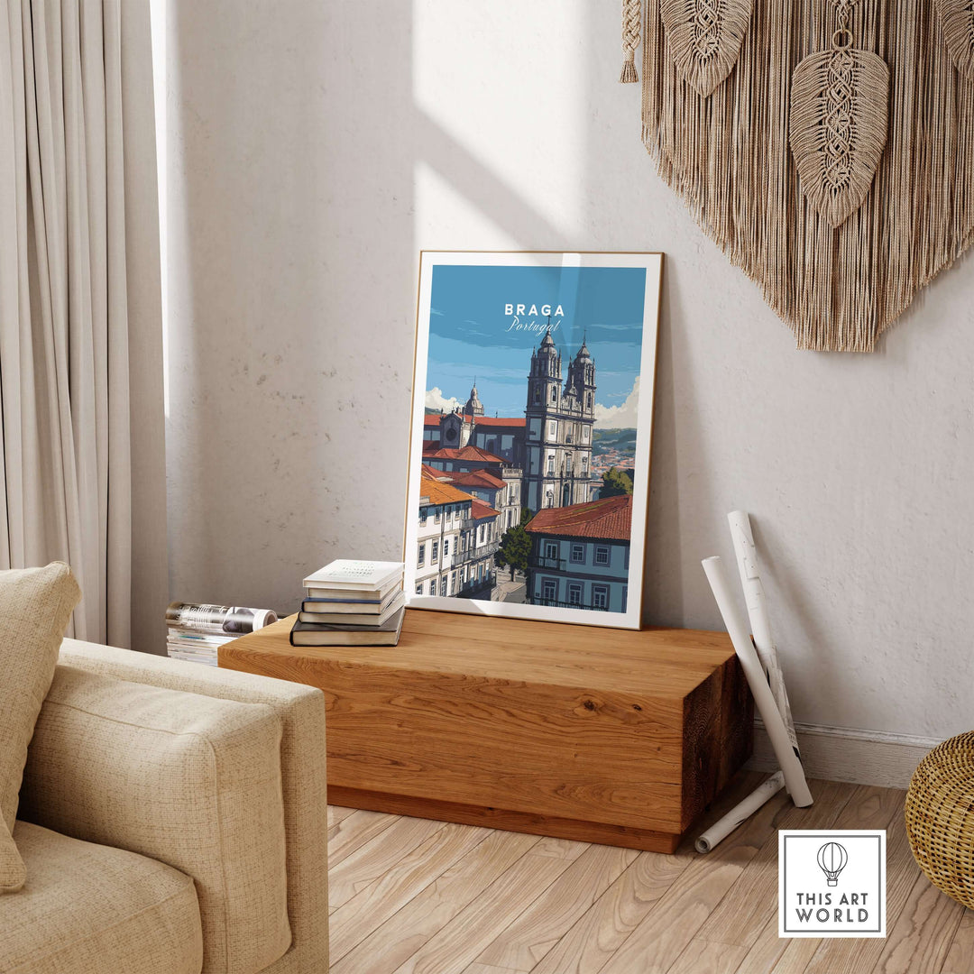 Braga Print | Portuguese Wall Decor displayed in a stylish living room setting with wooden accents.