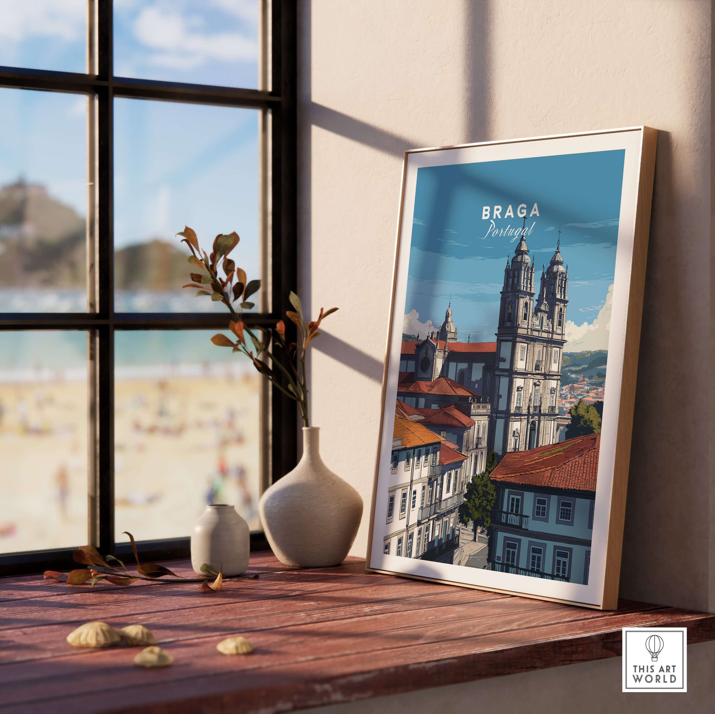 Braga Print | Portuguese Wall Decor showcasing a framed artwork in a stylish interior with beach view.