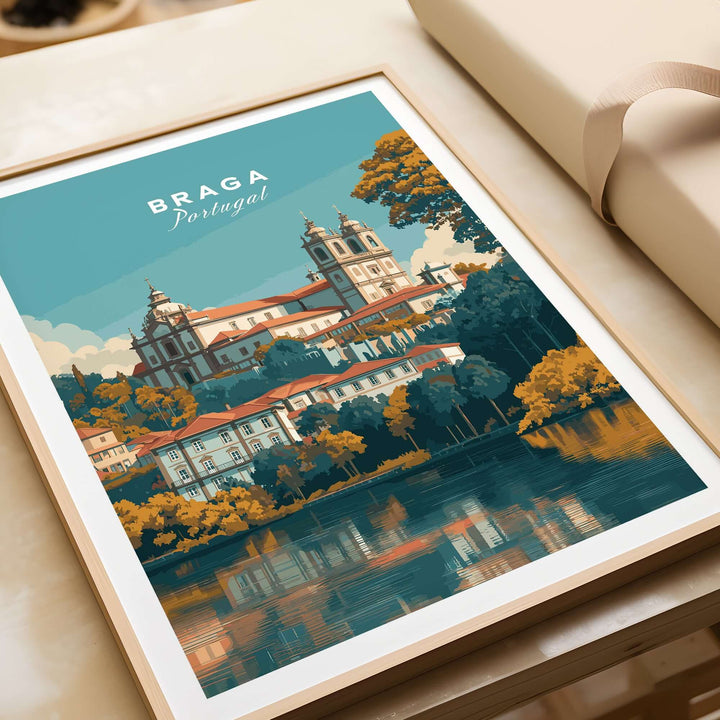 Braga Print | Portuguese Wall Decor featuring a vibrant illustration of Braga, Portugal, framed on a table.