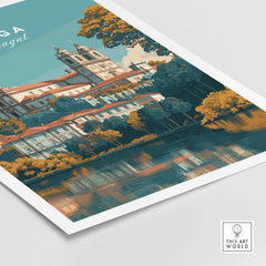 Braga Print | Portuguese Wall Decor showcasing a vibrant scene from Braga, Portugal with colorful architecture and reflection.