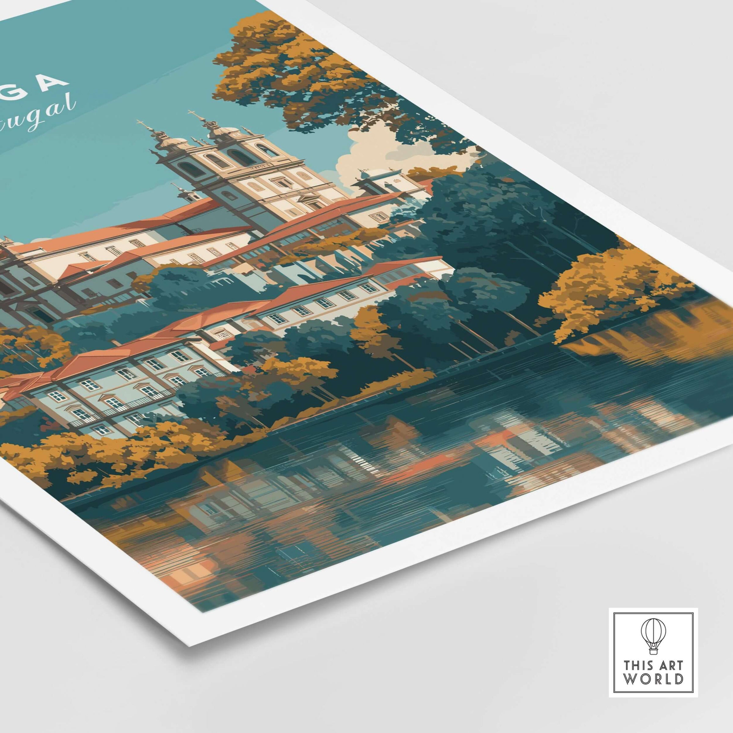 Braga Print | Portuguese Wall Decor showcasing a vibrant scene from Braga, Portugal with colorful architecture and reflection.