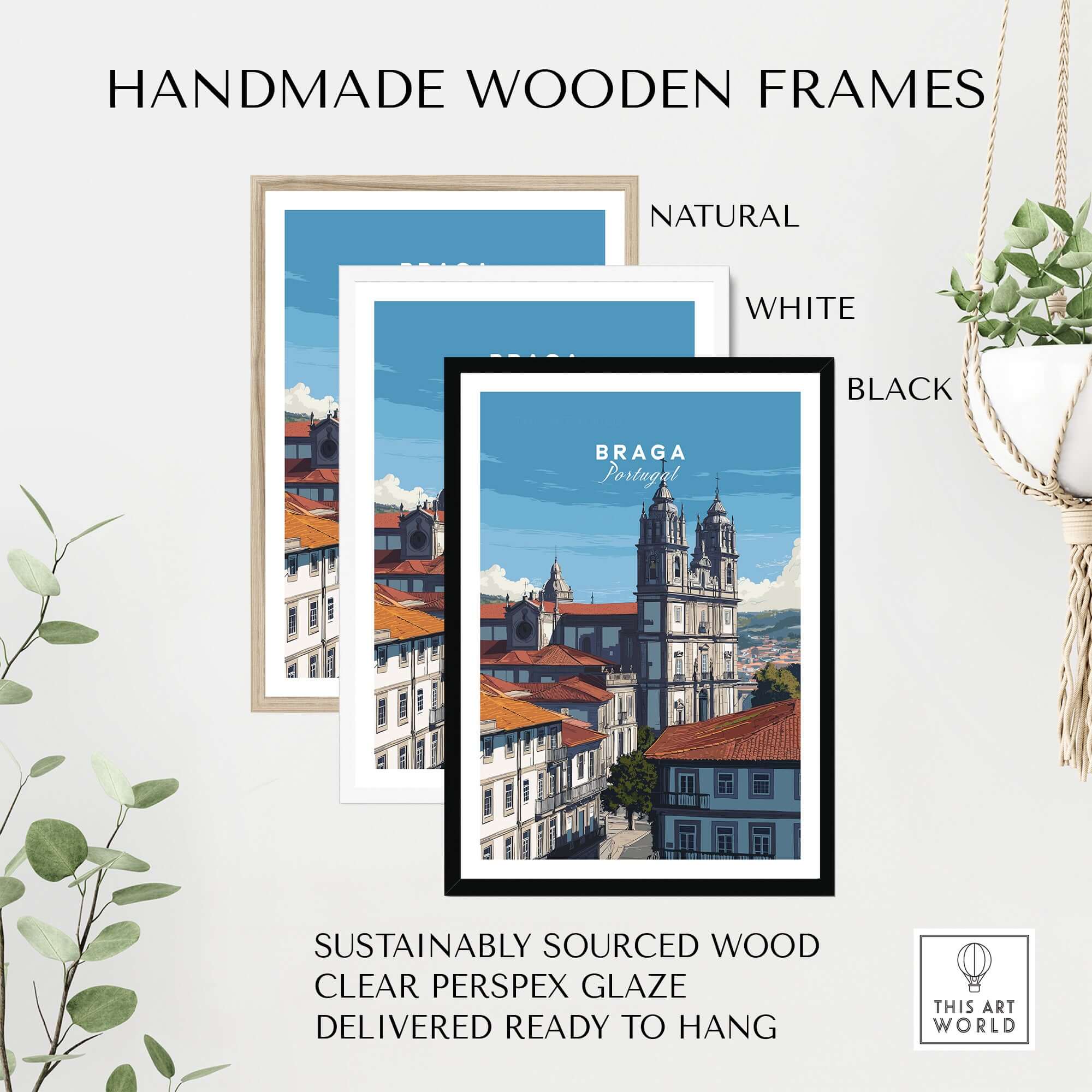 Braga Print | Portuguese Wall Decor in handmade wooden frames featuring natural, white, and black finishes.