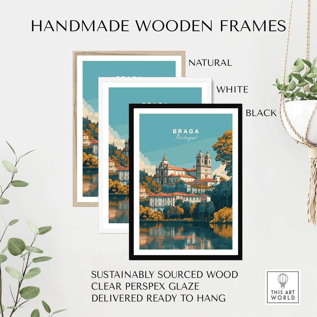 Braga Print | Portuguese Wall Decor showcased in handmade wooden frames—natural, white, and black options.