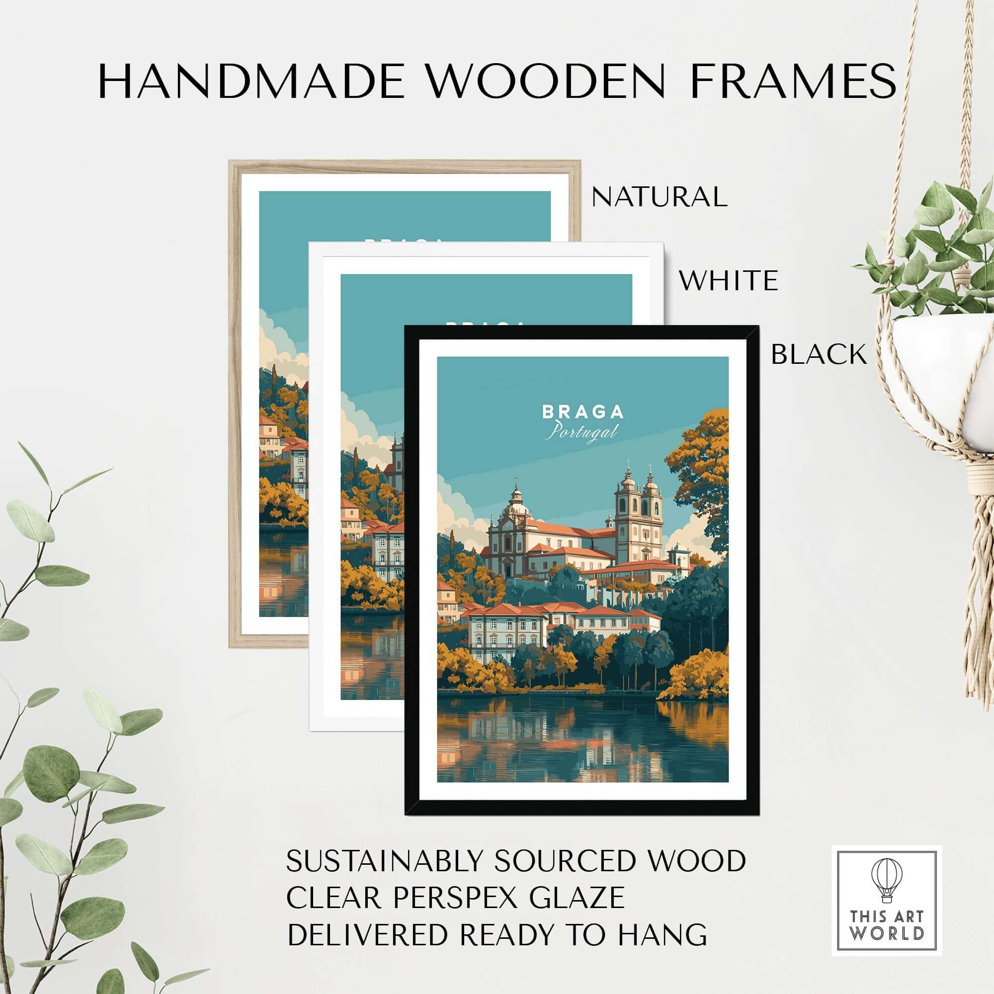 Braga Print | Portuguese Wall Decor framed in handmade wooden frames in natural, white, and black colors.