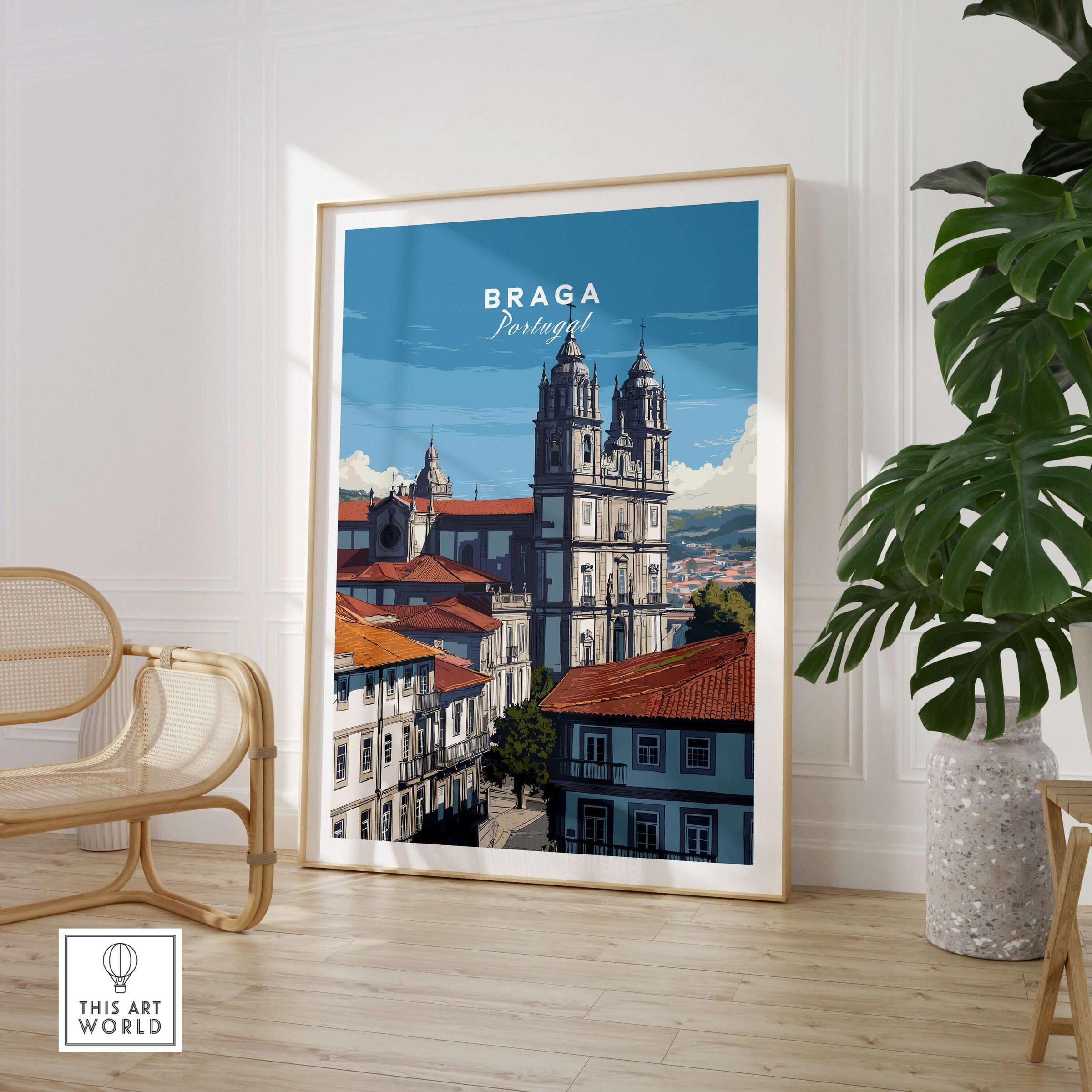 Braga Print | Portuguese Wall Decor featuring a vibrant illustration of Braga, Portugal in a stylish room setting.