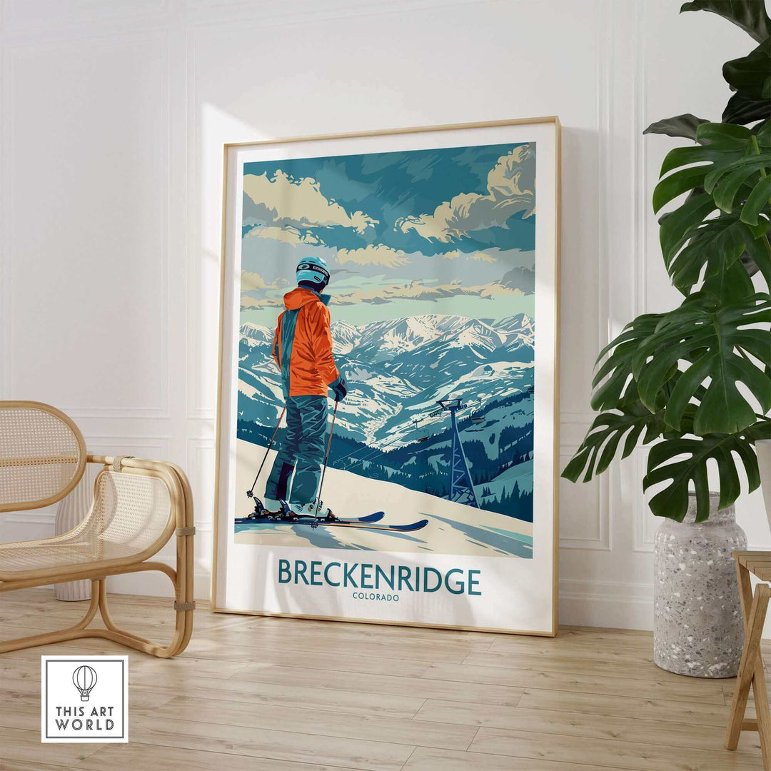 Breckenridge Ski Print showcasing a skier overlooking mountains in Colorado, perfect for ski enthusiasts and home decor.