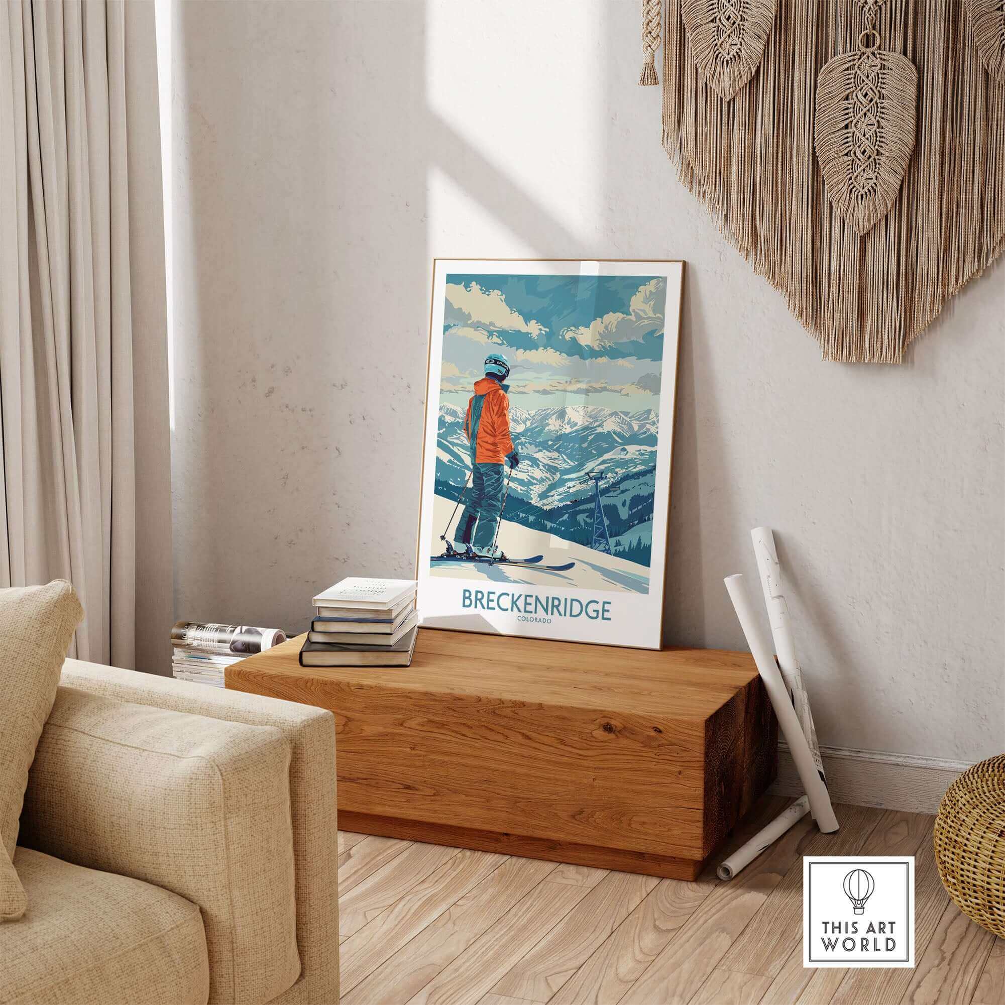 Breckenridge ski print showcasing a skier overlooking mountains, perfect decor for ski lovers and adventure enthusiasts.