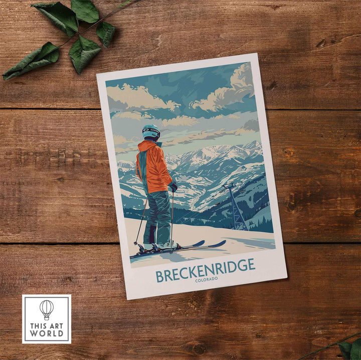 Breckenridge Ski Print featuring a skier overlooking snowy mountains in Colorado, perfect for ski enthusiasts and art lovers.