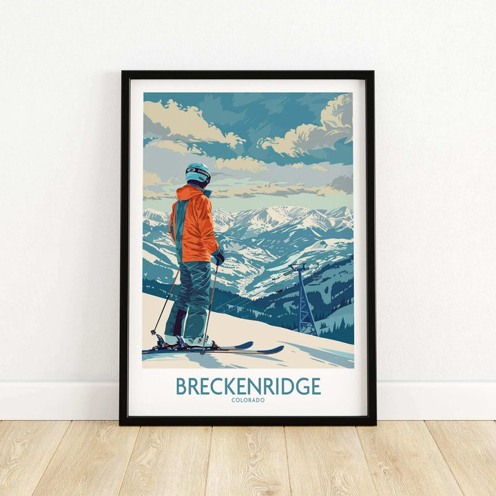 Framed Breckenridge Ski Print showcasing a skier overlooking the mountains of Colorado, perfect for ski enthusiasts and decor lovers.